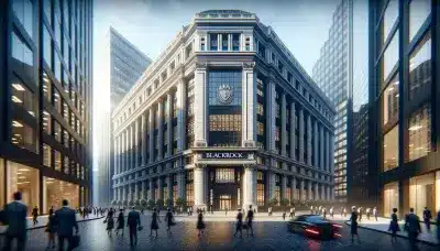 A modern BlackRock building in a bustling city with pedestrians and cars.
