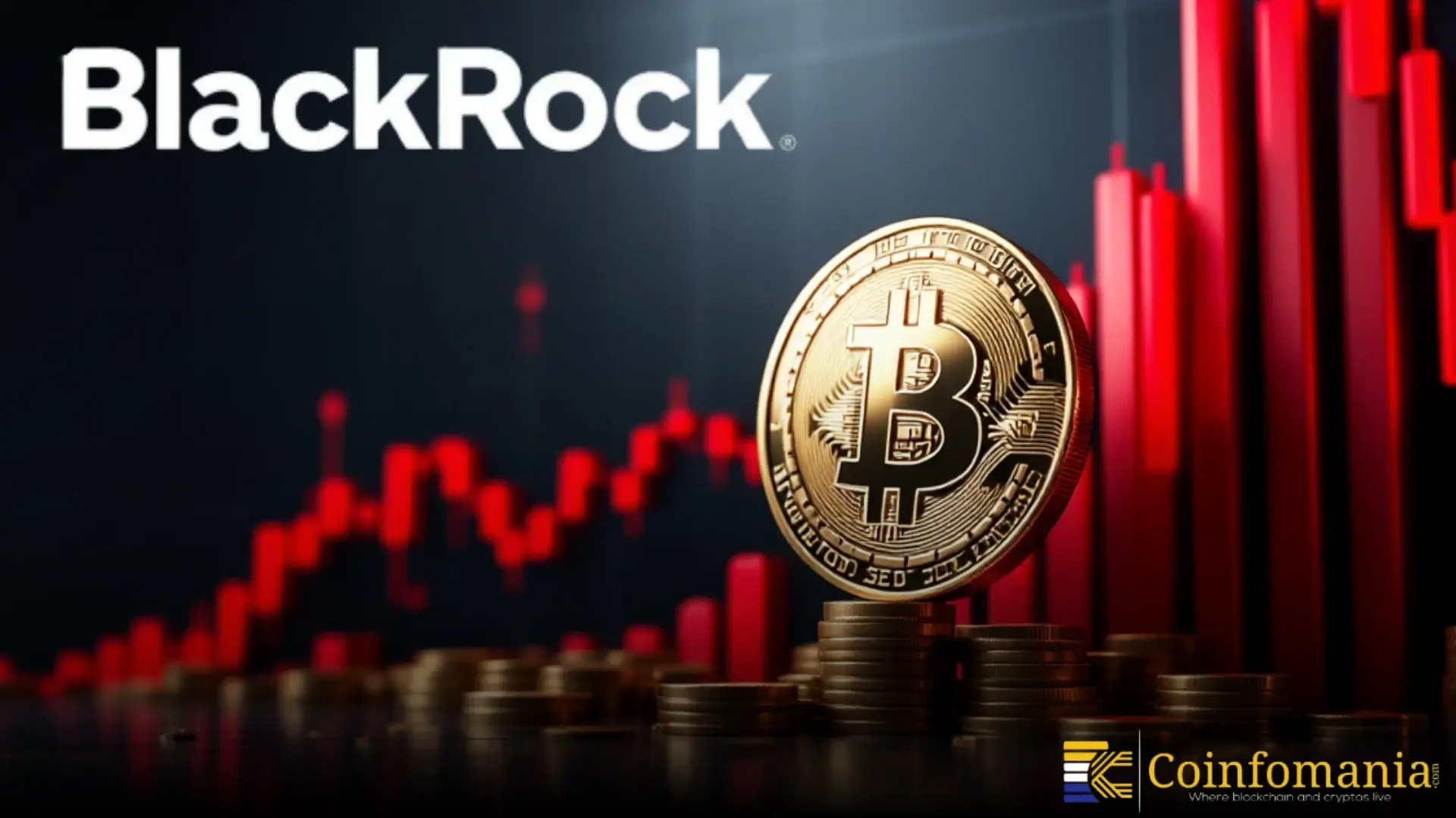 A gold Bitcoin in front of rising and falling red stock market graph bars.