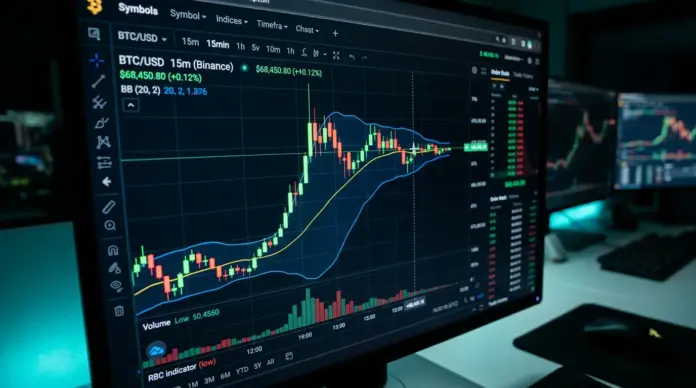 bollinger-bands-bitcoin-kaufsignal-ausbruch-1 Bitcoin chart showing compressed Bollinger Bands indicating potential breakout signal