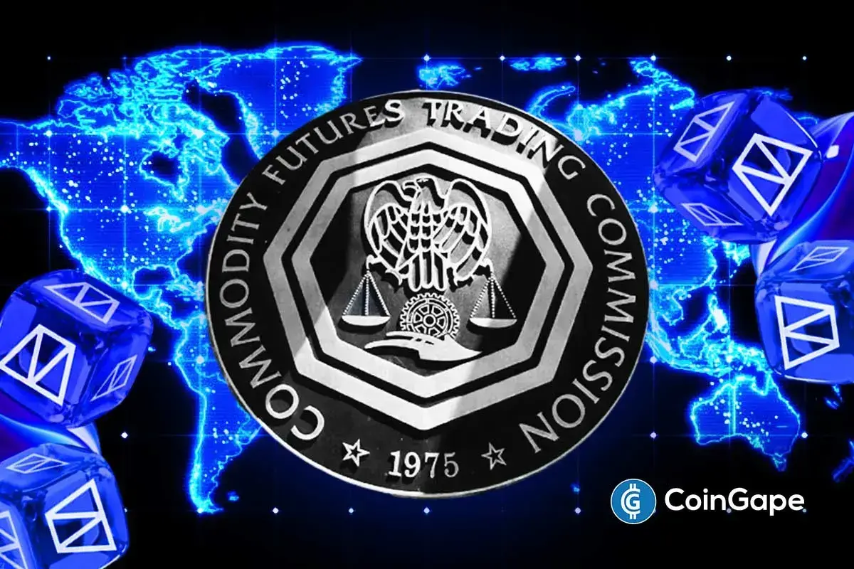 CFTC emblem with a digital world map background and blue geometric shapes