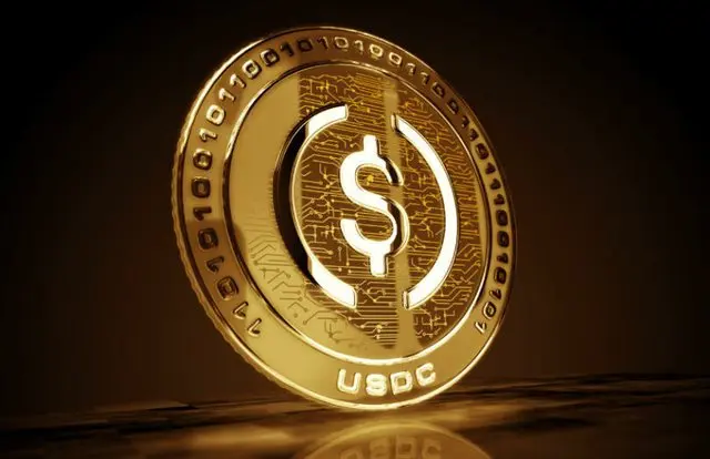 A 3D-rendered gold coin with the USDC logo and binary code design.