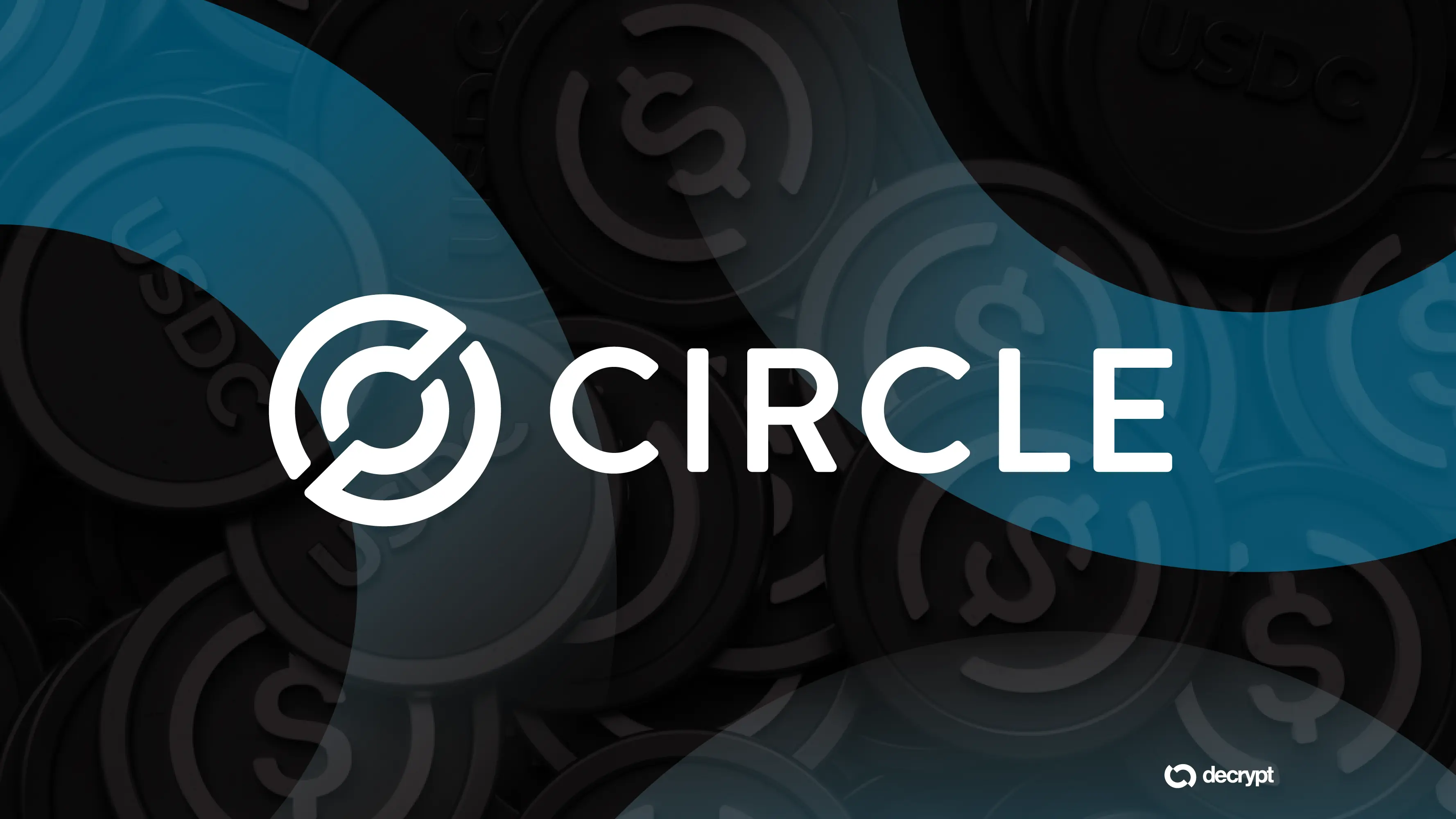 Circle logo over a background of USDC coins and abstract shapes.