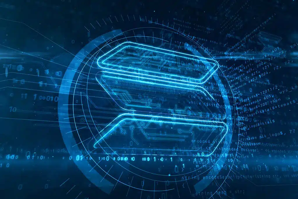 Blue digital graphic featuring the Solana logo amid binary code and circuitry.