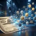 Physical securities transforming into digital blockchain tokens with glowing network connections