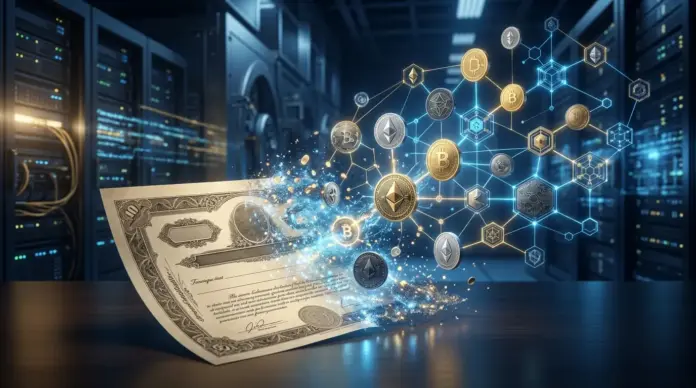 dtcc-tokenisierte-vermoegenswerte-juli-2026-einfuehrung Physical securities transforming into digital blockchain tokens with glowing network connections