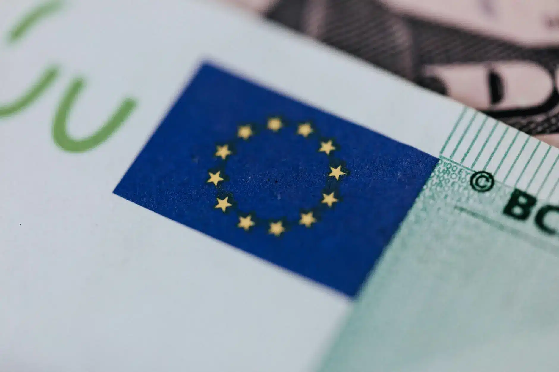 Close-up of a European Union flag on a banknote.