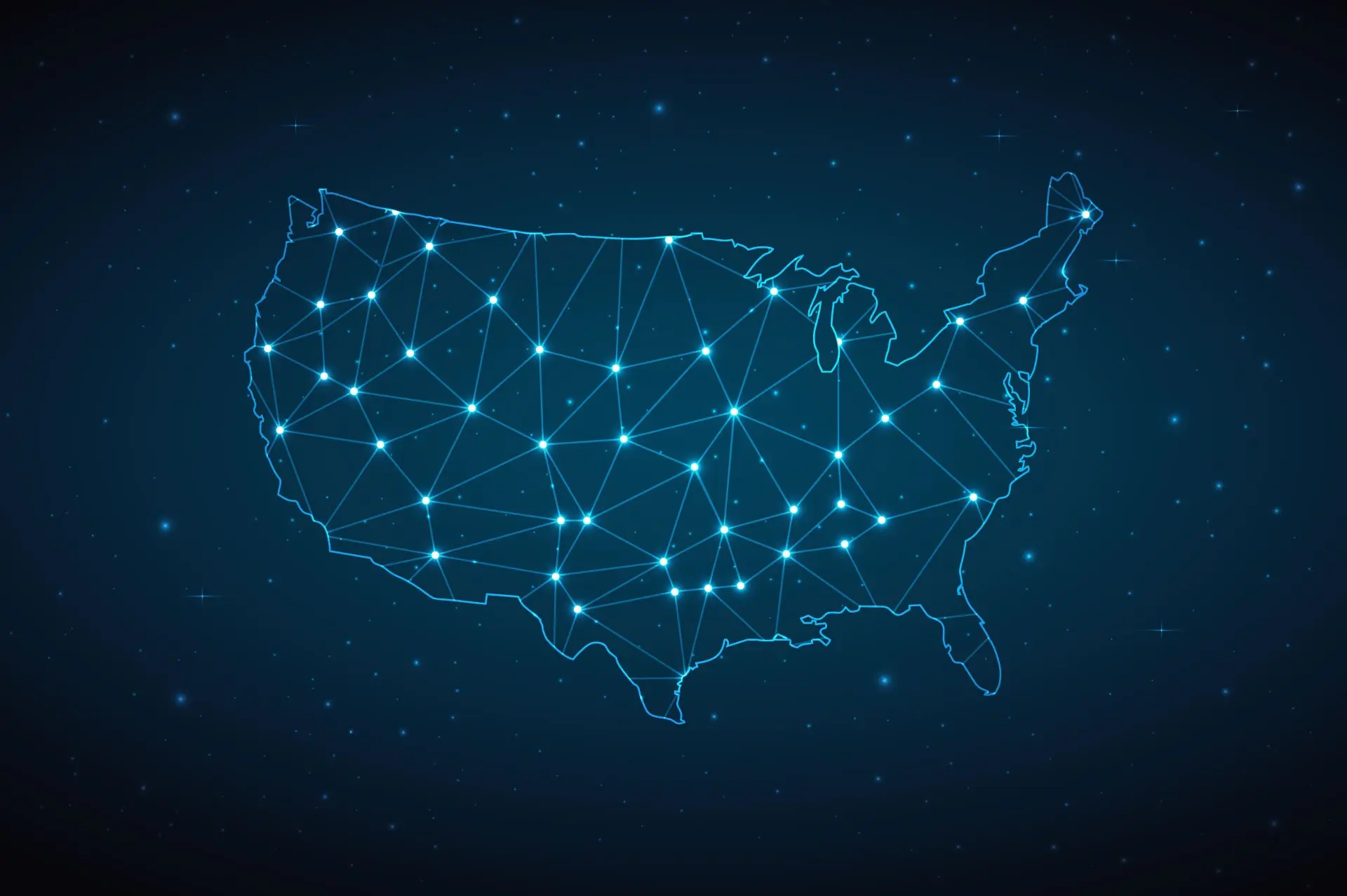 A digital map of the USA with a network of connected nodes and lines.