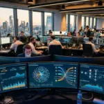 Modern investment bank trading floor with cryptocurrency protocol charts and blockchain data visualizations