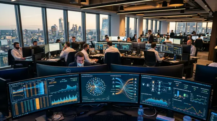 goldman-sachs-krypto-fokus-value-capture-protokolle-1 Modern investment bank trading floor with cryptocurrency protocol charts and blockchain data visualizations