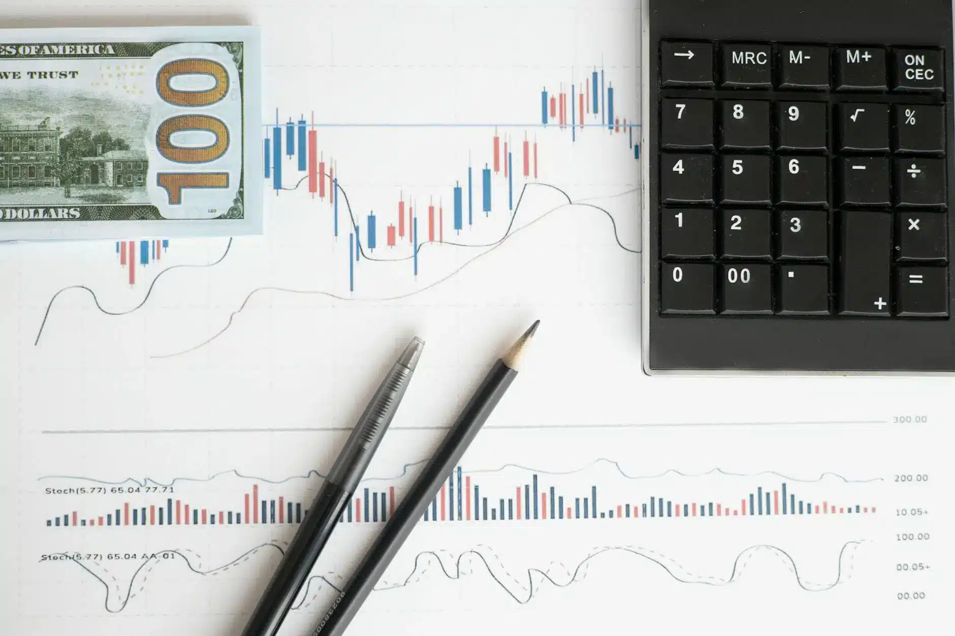 A $100 bill on a financial chart with pens and a calculator, showing investment data.