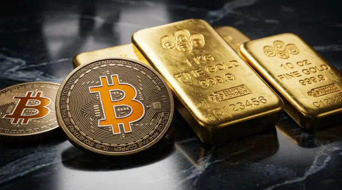 jpmorgan-bitcoin-staerkerer-inflations-hedge-als-gold Bitcoin coins and gold bars side by side representing inflation hedge comparison