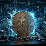 Bitcoin coin emerging from digital code layers, symbolizing AI-assisted wallet recovery after years
