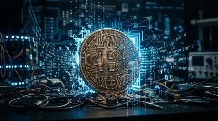 ki-rettet-bitcoin-wallet-recovery-nach-11-jahren-claude Bitcoin coin emerging from digital code layers, symbolizing AI-assisted wallet recovery after years
