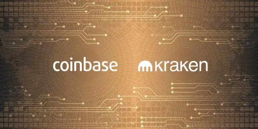 Logos of Coinbase and Kraken on a digital circuit background.