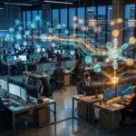 Digital tokenized stocks visualization with blockchain network over modern financial trading environment