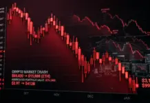Cryptocurrency market crash visualization with red descending candlestick charts