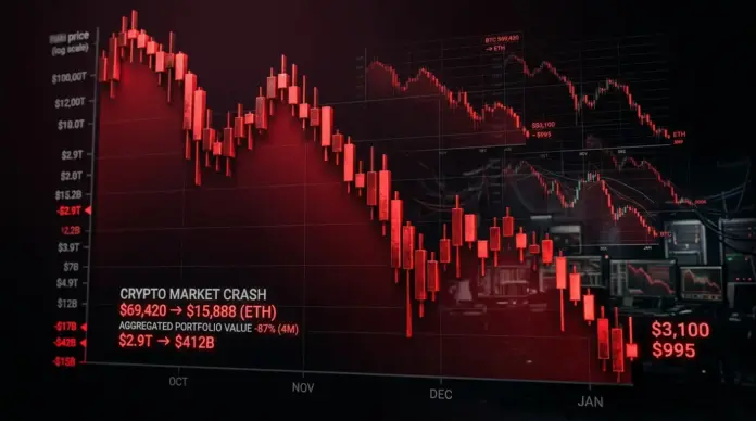 krypto-markt-rutscht-ab-altcoins-verlieren-stark-1 Cryptocurrency market crash visualization with red descending candlestick charts