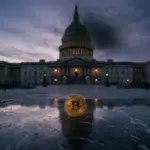 Bitcoin coin in shadow of US Capitol building symbolizing crypto's declining political influence