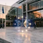 EU building with holographic crypto symbols representing MiCA regulation and digital asset compliance