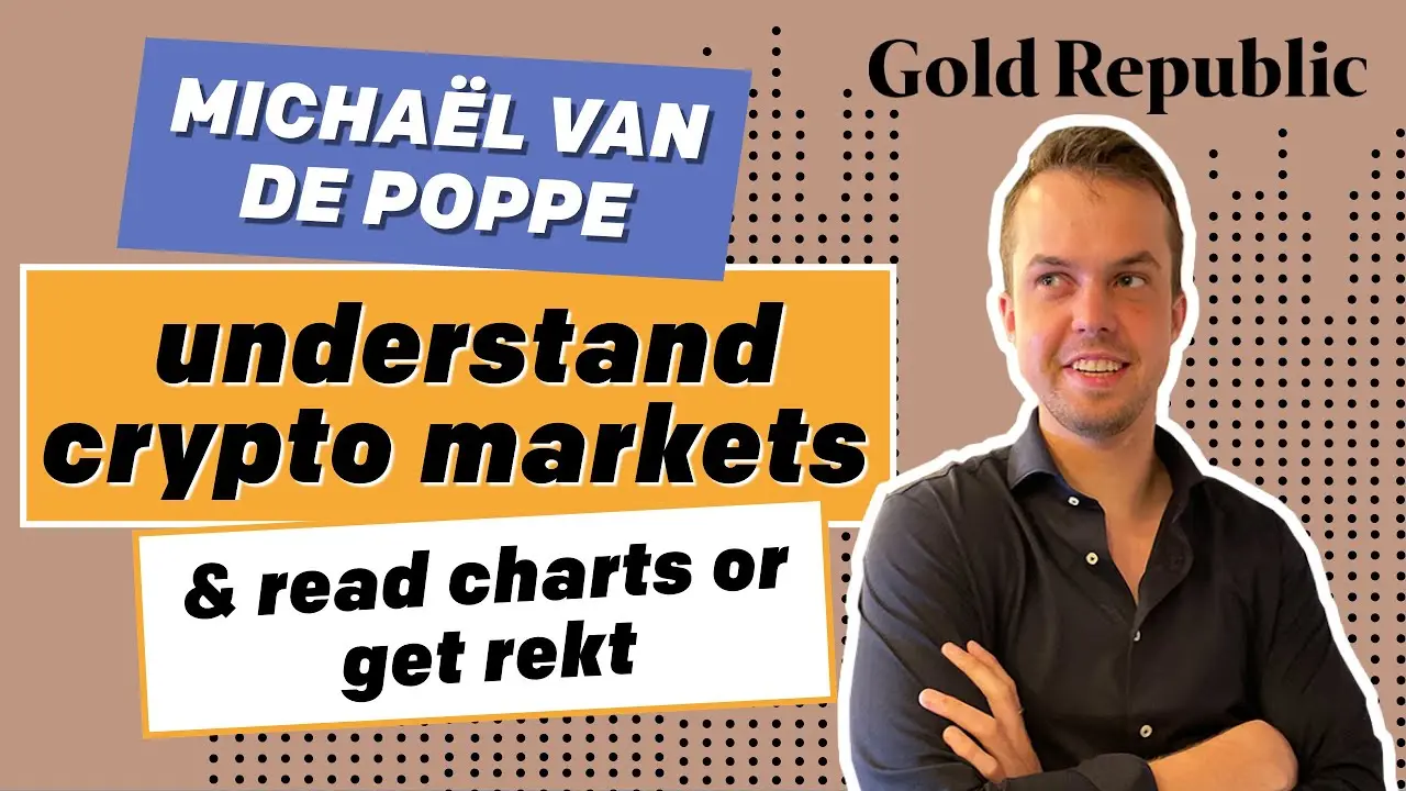 Michael van de Poppe presenting about crypto markets with text overlays.