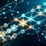 Blockchain network visualization showing tokenized real-world assets with glowing nodes and connections