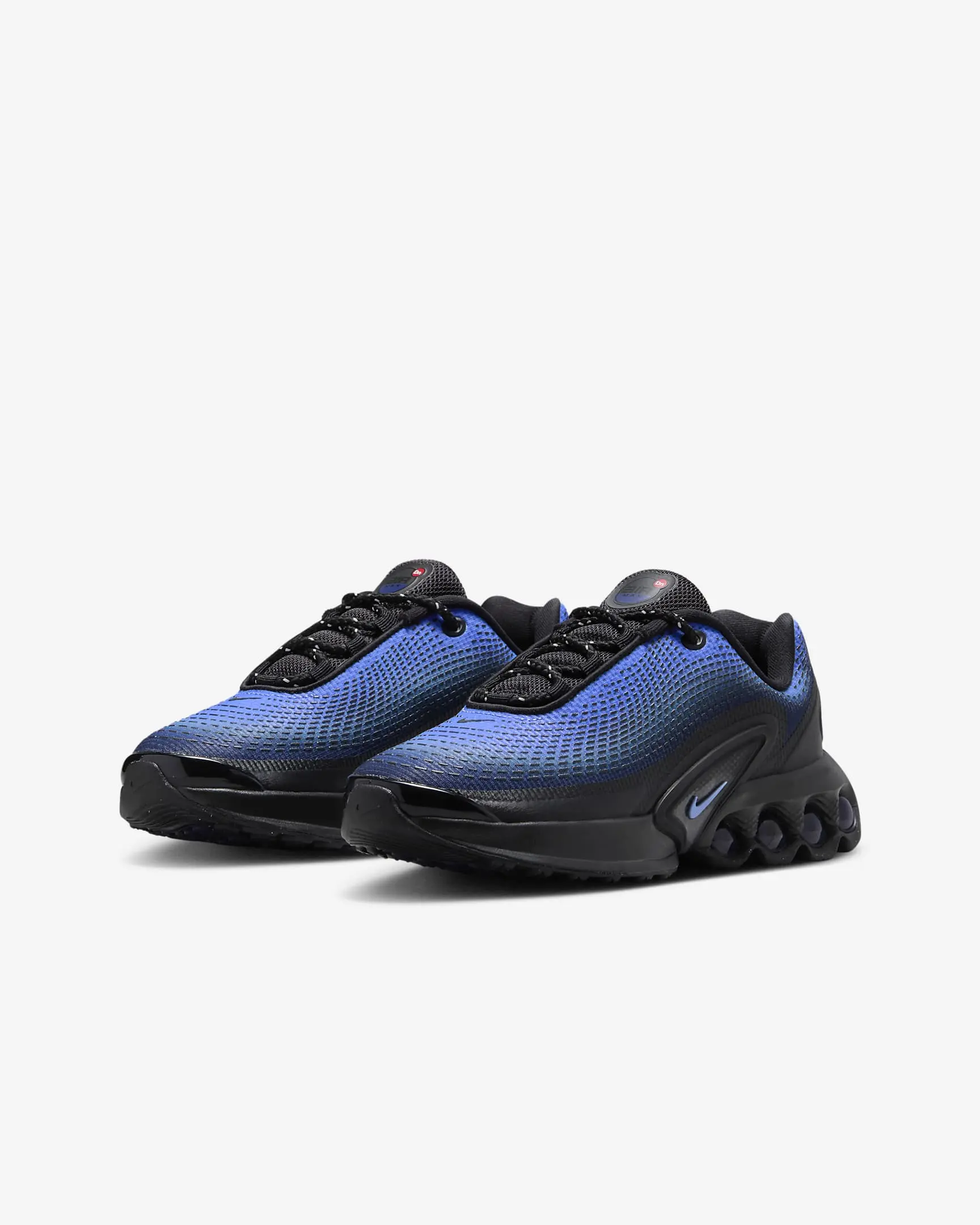 A pair of blue and black Nike sneakers displayed from the front.