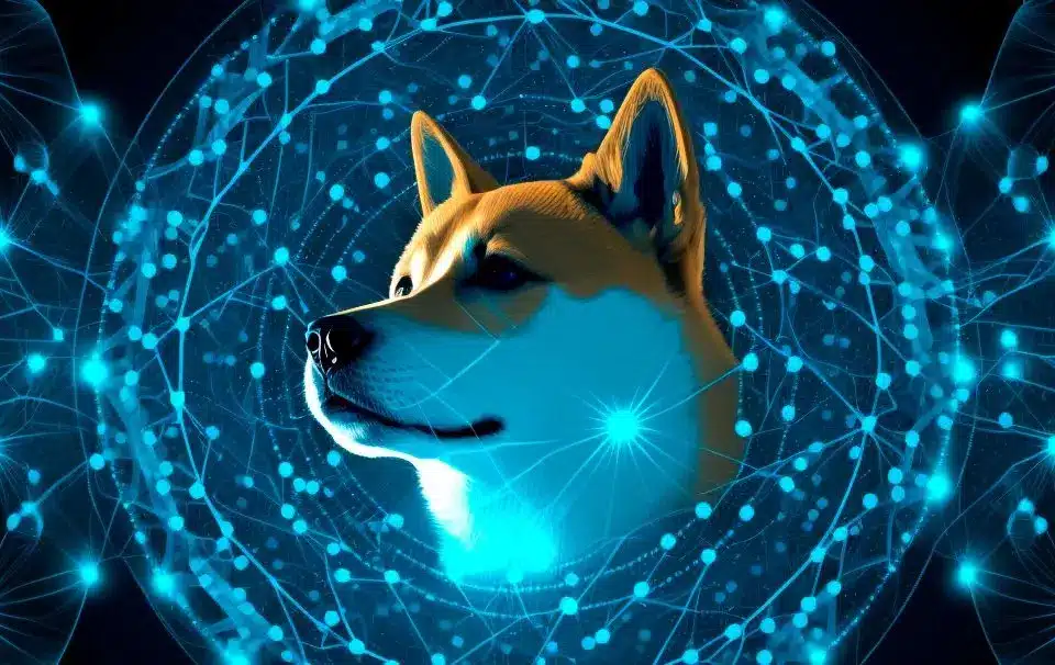 Digital illustration of a Shiba Inu dog with a blue networking background.