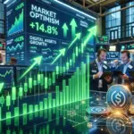 Rising stock charts with USDC stablecoin tokens representing crypto market growth from regulation