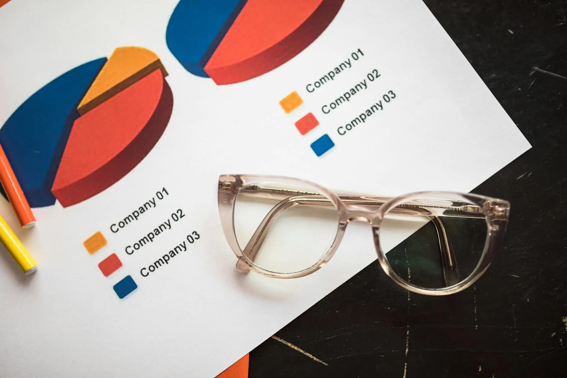 Colorful pie charts comparing three companies' market performances on a desk.