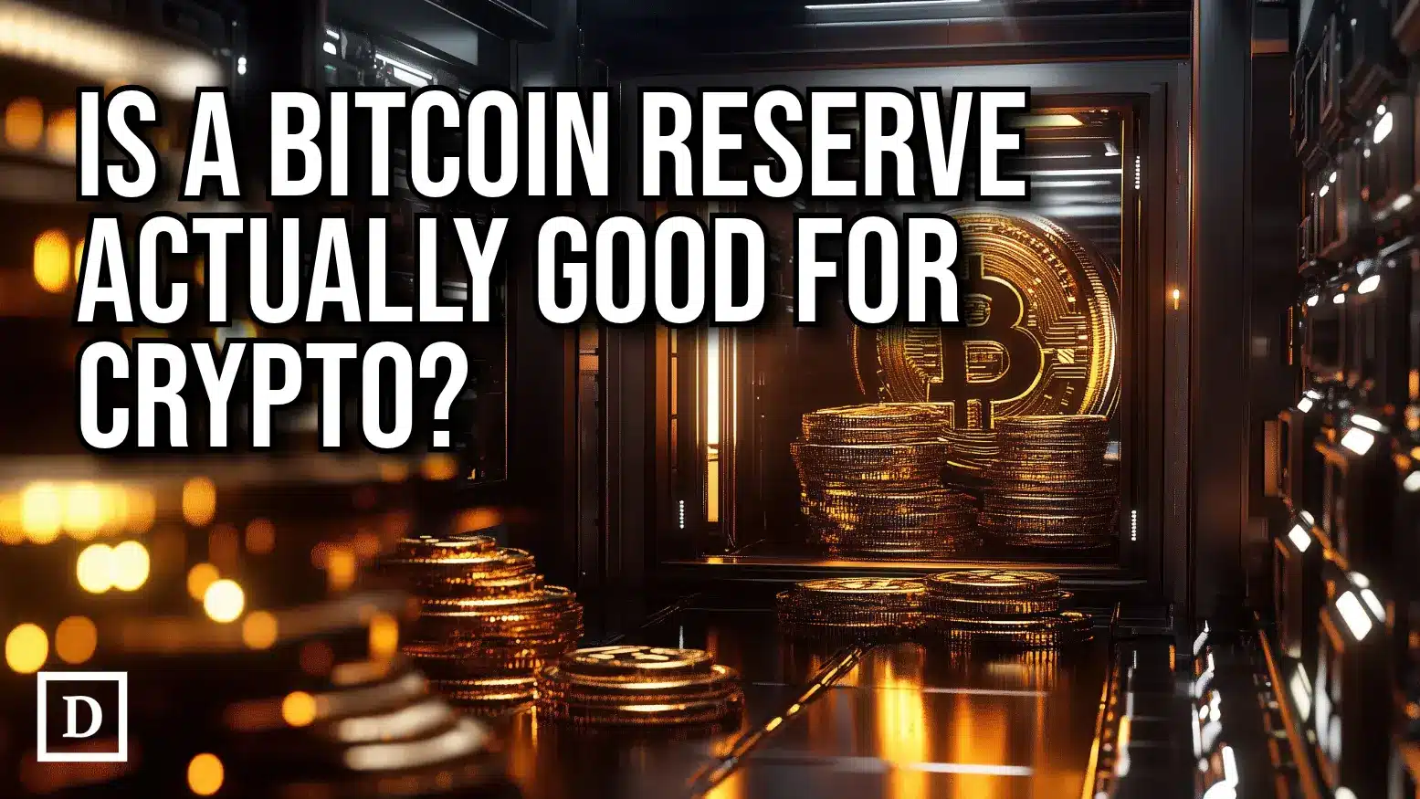 A futuristic digital vault filled with Bitcoin coins and vibrant lighting.