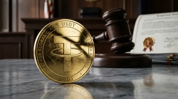 tether-unter-druck-344-millionen-klage-usdt-nutzer USDT Tether coin under dramatic lighting with legal gavel symbolizing regulatory pressure and lawsuit