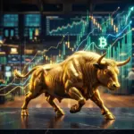 Golden bull sculpture with rising Bitcoin market charts symbolizing crypto bull market rally