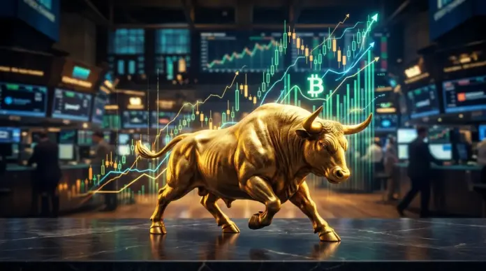 tom-lee-baerenmarkt-beendet-naechste-krypto-rallye Golden bull sculpture with rising Bitcoin market charts symbolizing crypto bull market rally