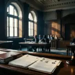 Dramatic courtroom scene with legal documents and cryptocurrency symbols on judge's bench