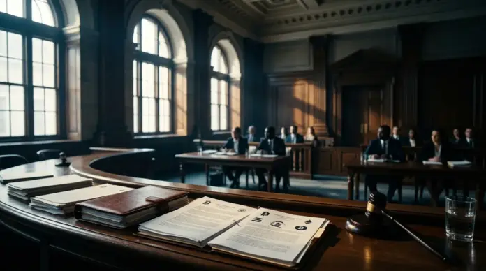 trump-krypto-projekt-verklagt-justin-sun-das-steckt Dramatic courtroom scene with legal documents and cryptocurrency symbols on judge's bench