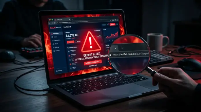 uniswap-warnung-betruger-nutzen-google-anzeigen-wallet Laptop showing cryptocurrency wallet warning with magnifying glass revealing suspicious phishing URL