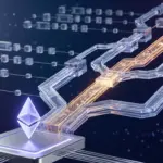 Ethereum Layer-2 blockchain network visualization with glowing pathways and interconnected nodes