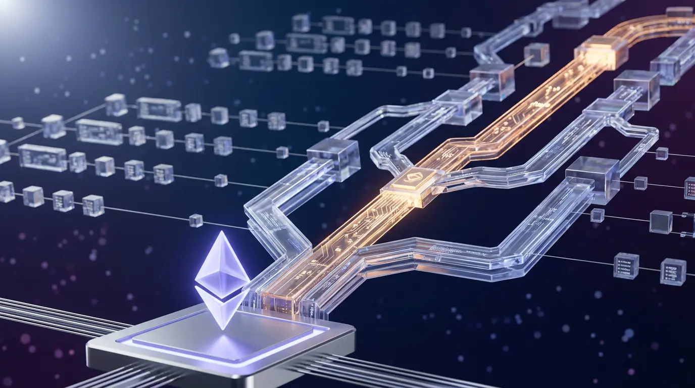 Ethereum Layer-2 blockchain network visualization with glowing pathways and interconnected nodes