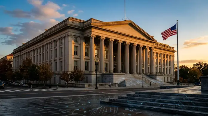 us-finanzminister-keine-cbdc-trump-regierung US Treasury Department building with digital blockchain elements representing cryptocurrency regulation