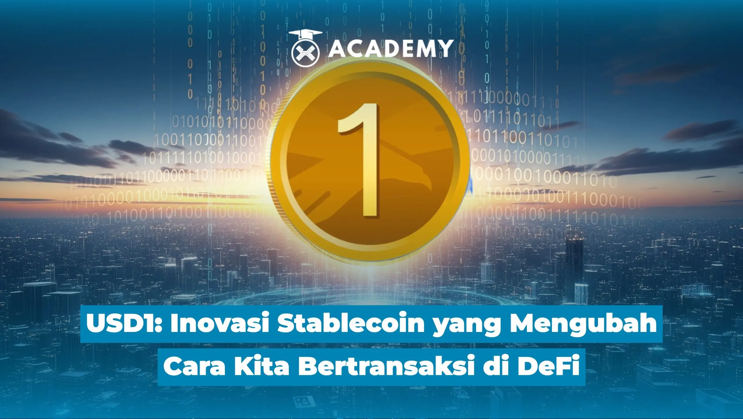 Illustration of a USD1 stablecoin with a city skyline and binary code overlay.