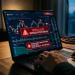 Laptop showing cryptocurrency trading platform with warning alerts and red security notifications