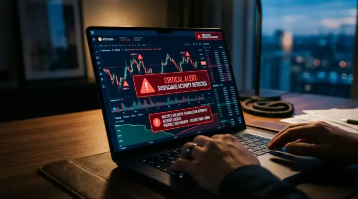 warnung-vor-coinberg-anwalt-sieht-hinweise-auf-krypto-betrug Laptop showing cryptocurrency trading platform with warning alerts and red security notifications
