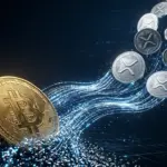 Bitcoin coin with capital flowing toward rising XRP coins representing cryptocurrency market rotation