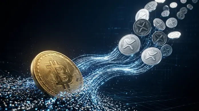 xrp-altcoins-rotieren-bitcoin-verliert-milliarden Bitcoin coin with capital flowing toward rising XRP coins representing cryptocurrency market rotation