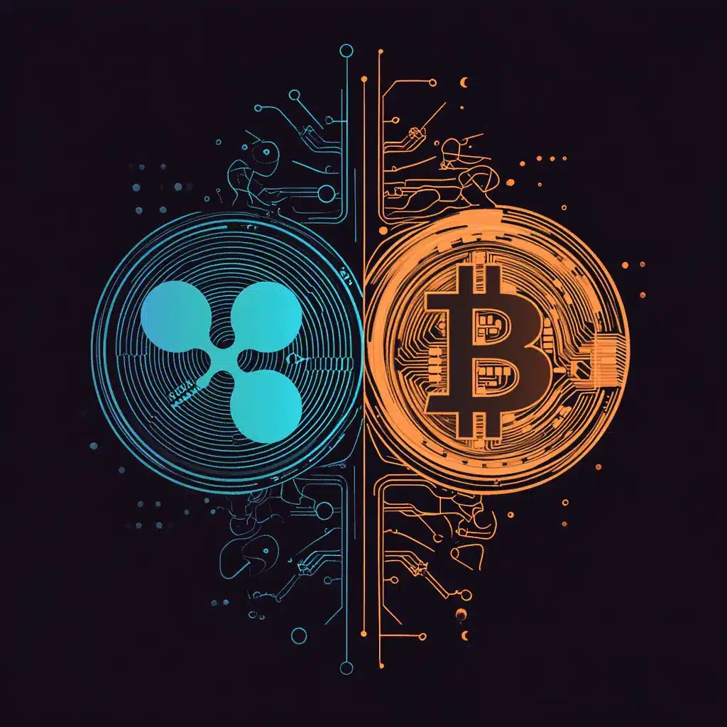 Visual representation of XRP and Bitcoin with digital circuit patterns.