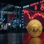 Bitcoin under pressure with descending market charts and red candlesticks in dramatic financial setting