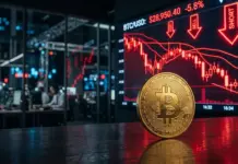 Bitcoin under pressure with descending market charts and red candlesticks in dramatic financial setting