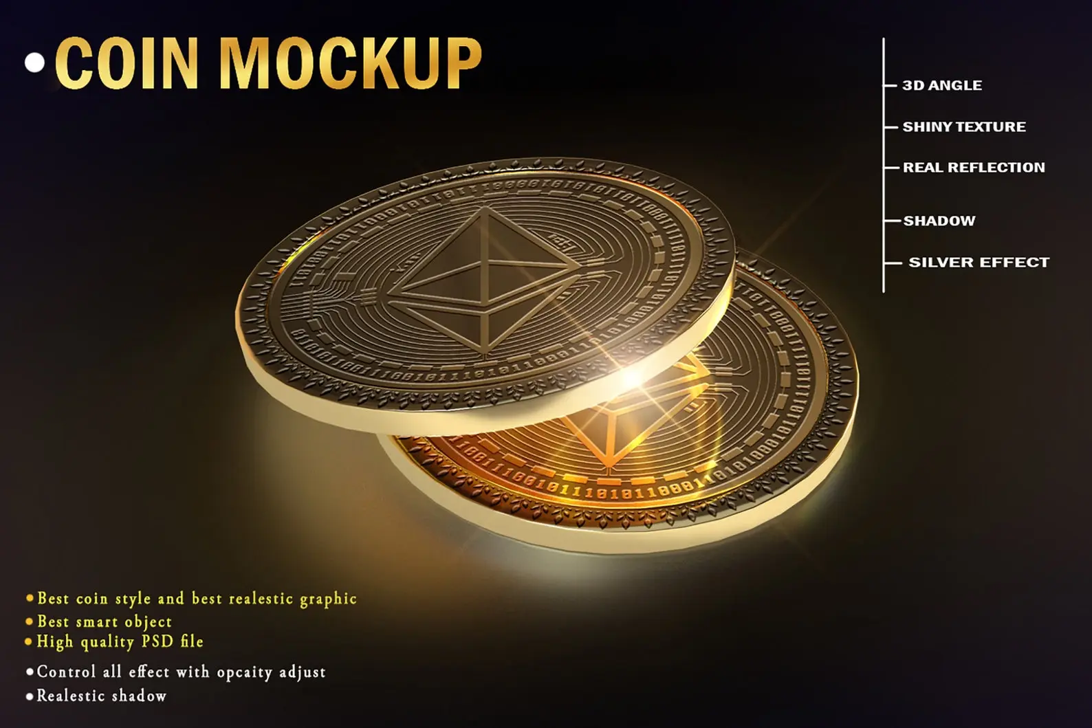 Mockup of Ethereum physical coins showing shiny texture and design.