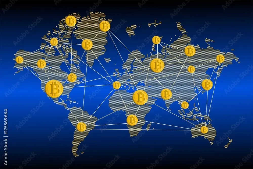 A world map with golden Bitcoin coins connected by lines on a blue background.