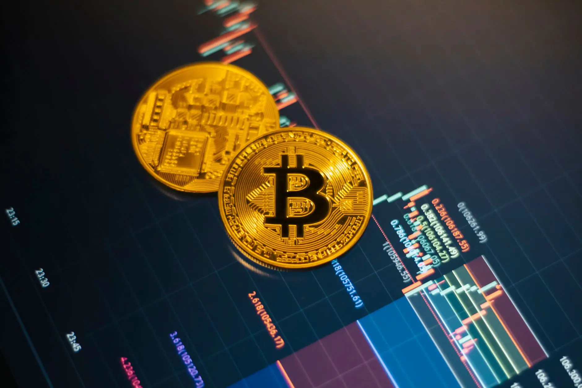 Two Bitcoin coins on a financial stock chart background.